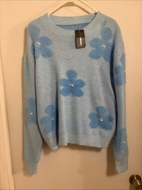 NWT Light Blue DAISIES Floral Sweater w/ Pearls BOUTIQUE LARGE/XL